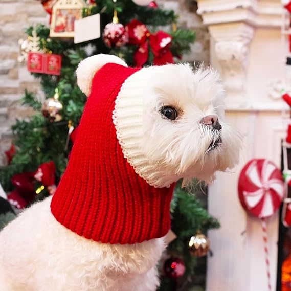 NACOCO Christmas Dog Hat Crocheted Snood Funny Pet Cap with Pompon Red Green Warm Winter Dog Hat Knit Snood Headwear for Pets & Women & Men (Red, S)