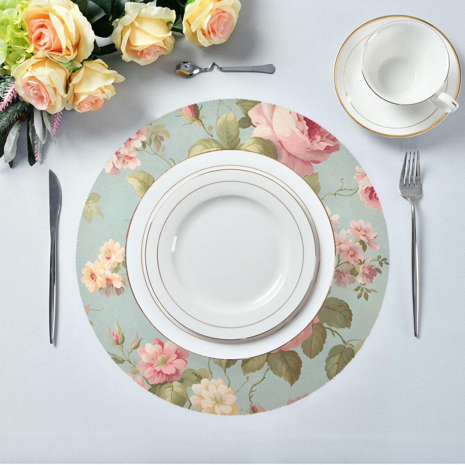 Flower Placemats Vintage Pink Rose Flower Round Placemats Set of 6 for Kitchen Table Washable Table Mats Place Mats - Image 3