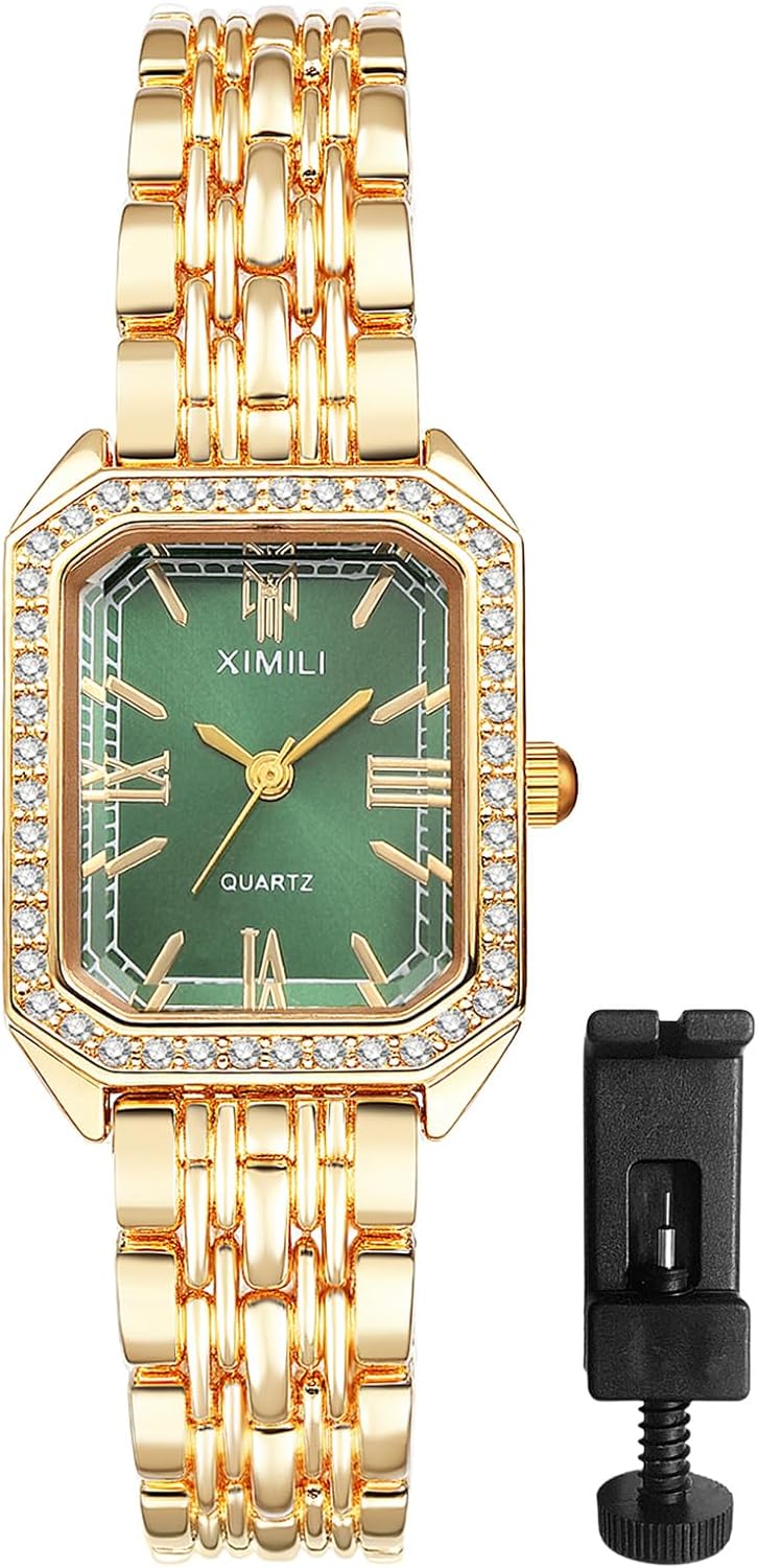 Lancardo Elegant Square Quartz Watch: Womens Bling Gold Tone Case Green Dial Removable Stainless Steel Strap Lady Business Casual Party Dress Wristwatch - Image 2