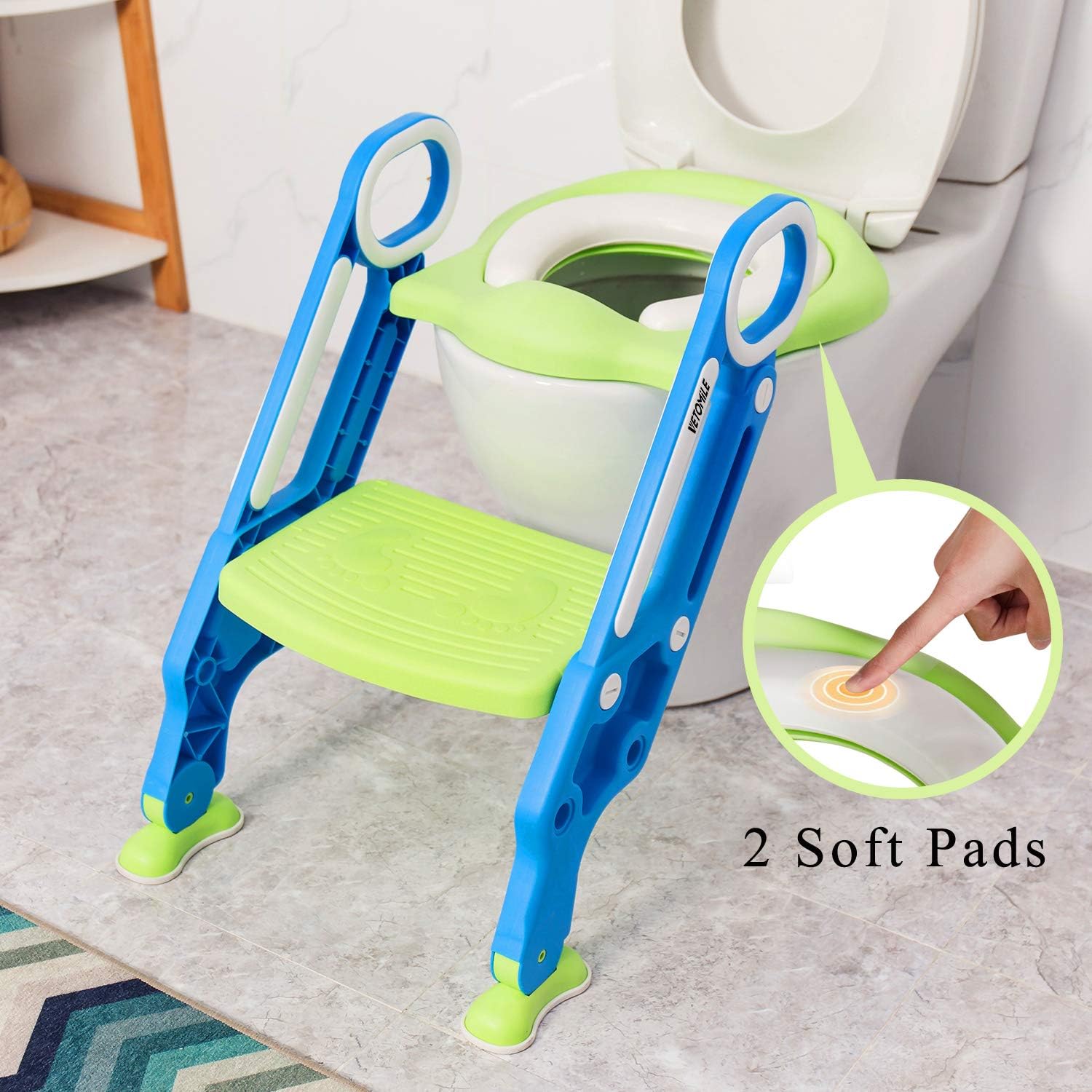 Baby Potty Toilet Trainer Seat for Children Kids Toddles with Adjustable Sturdy Non-Slip Step Stool Ladder and 2 PU Leather Replaceable Soft Padding Suitable for O V U Shaped-Toilets
