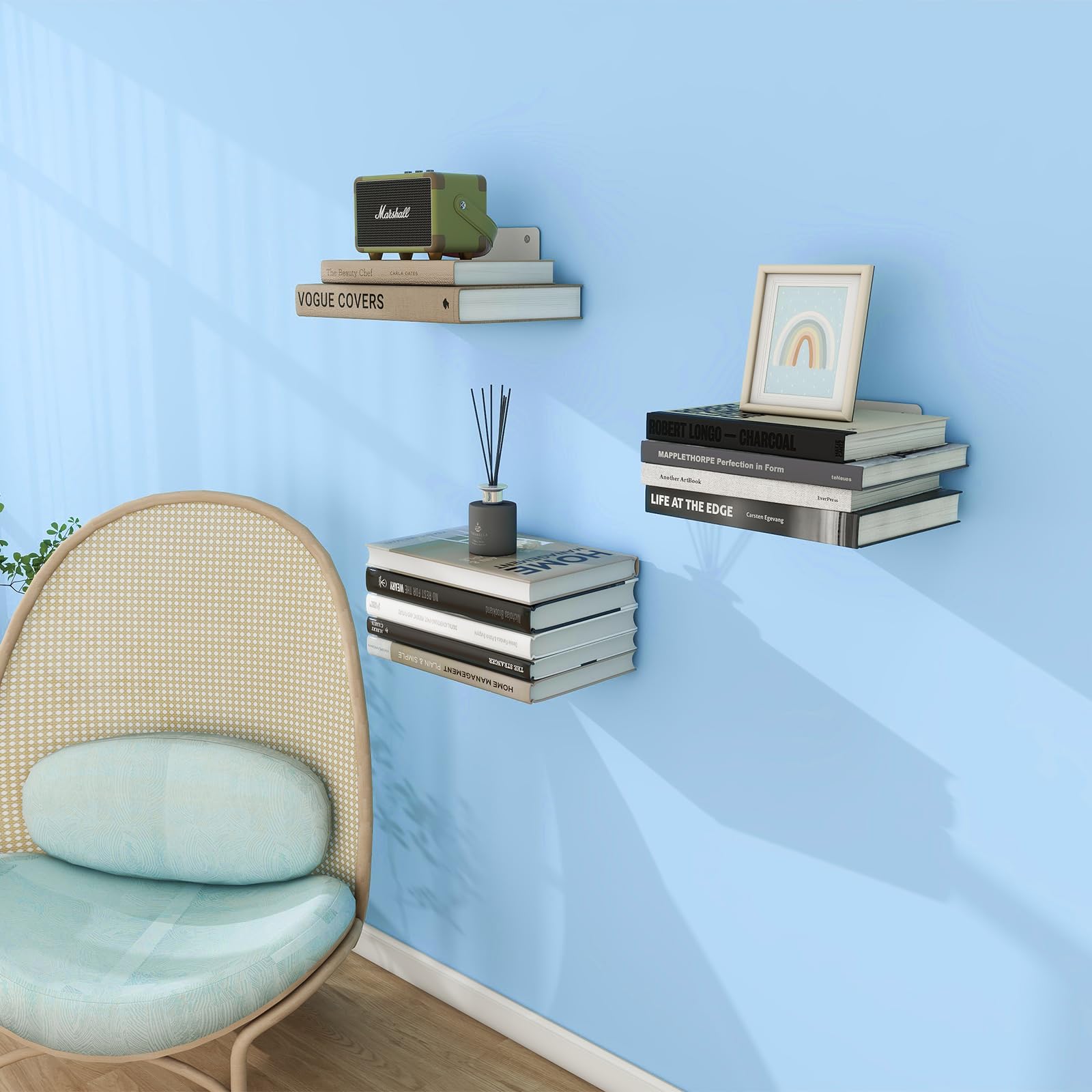 FENTEC Estantes de Libros Flotantes para Pared, Estantes de Libros Invisibles de Alta Resistencia, Estante de Libros de Metal Oculto para Decoración de Dormitorios y Oficinas, Juego de 6, Blanco