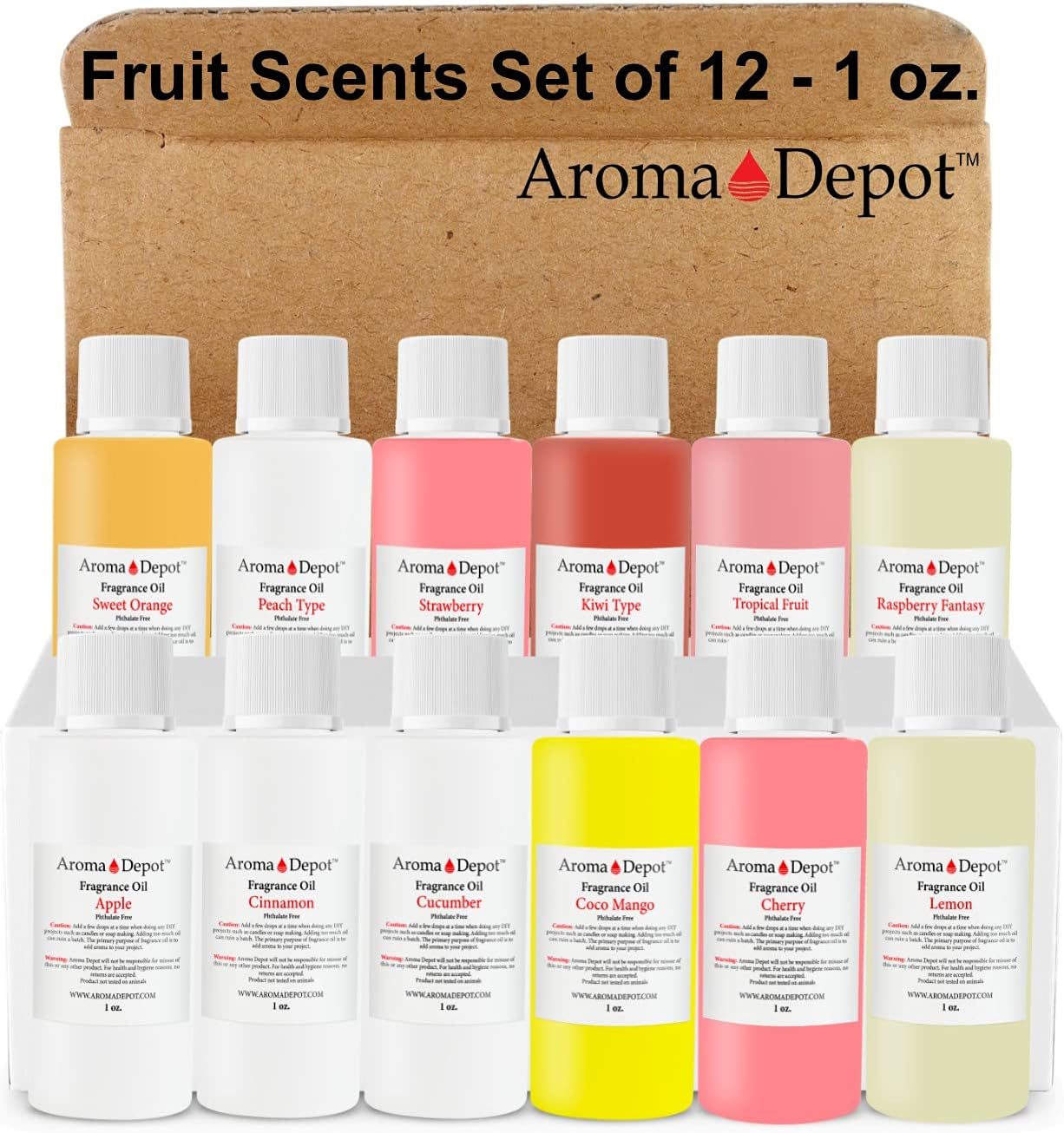 Aroma Depot Set of 12-1oz Fragrance/Perfume/Body Oil Apple Cinnamon Cucumber Coco Mango Cherry Lemon Orange Peach Strawberry Kiwi Tropical Fruit Raspberry UNCUT