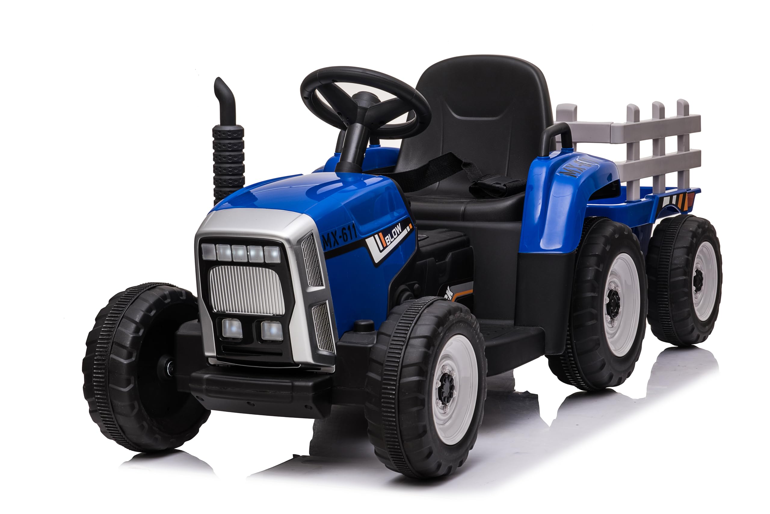 FINOOS Trattore elettrico per bambini 12V con pala e rimorchio rimovibile veicolo elettrico per bambini con luce LED musica clacson telecomando 2.4G 2-5 km/h, blu