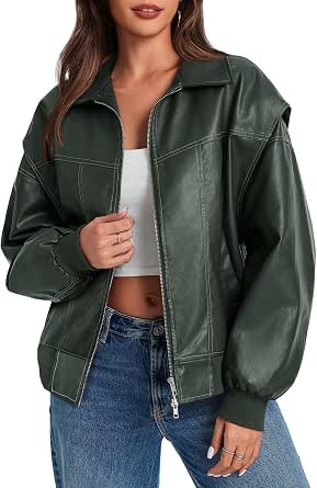 Tankaneo Women's Oversized Leather Bomber Jacket with Zip Closure