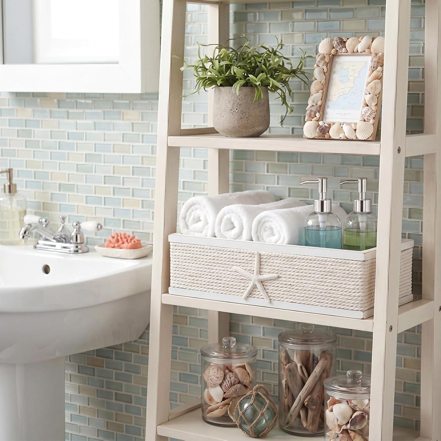 Lewtemi 1 Pack Coastal Starfish Toilet Paper Storage Basket, Coastal Beach Home Accessories Decor, Wooden Rope Wicker Toilet Tank Basket, 13.4 Inch Bathroom Counter Organizer for Shelves Closet Table
