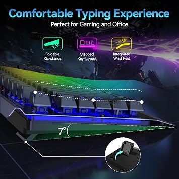 TECKNET Wireless Gaming Keyboard, 2-in-1 (2.4G Wireless & Wired) Rechargeable Keyboard, 4000mAh Battery, 15-Zone RGB Computer Keyboard, Metal Panel, PC Gaming Keyboards (Whisper Quiet Gaming Switch)
