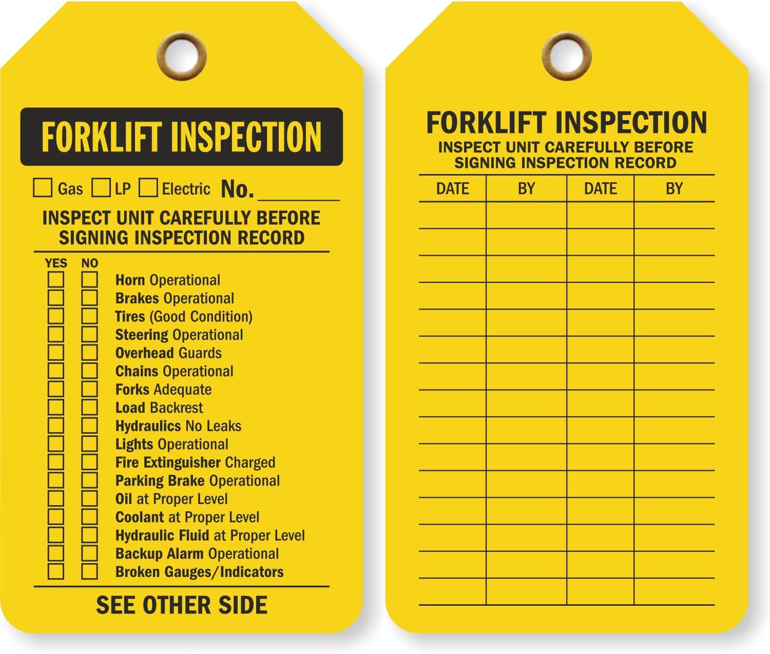 SmartSign 2 Sided Forklift Inspection Tag | 3.375" x 5.875" Plastic, Pack of 100, Made in USA