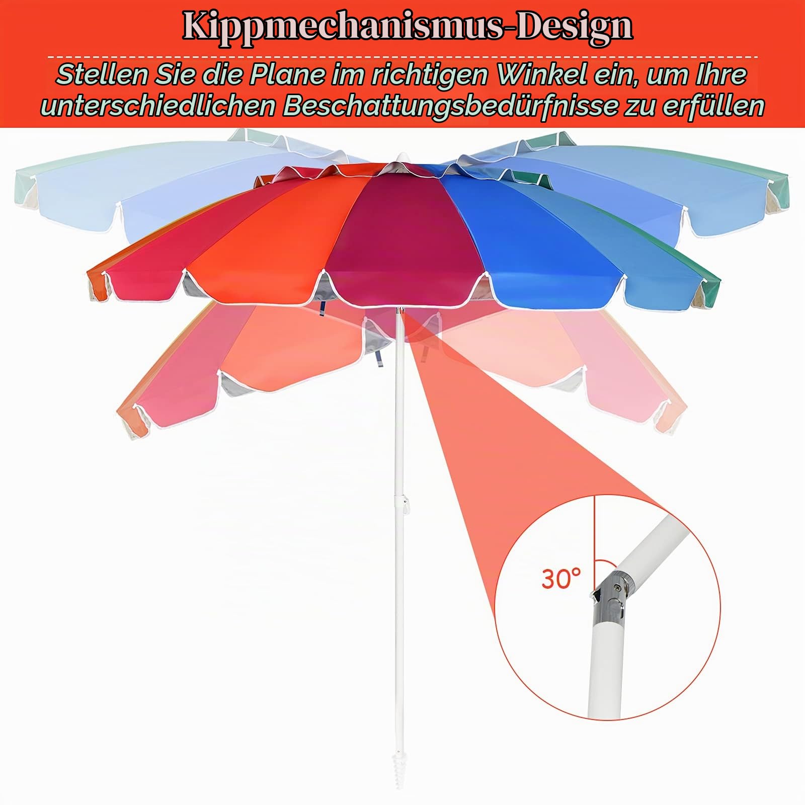 KOMFOTTEU Sonnenschirm Strand 243cm, Gartenschirm Sonnenschutz, Beach umbrella knickbar & Leichtgewicht, Balkonschirm mit Tragetasche, Terrassenschirm für Outdoor