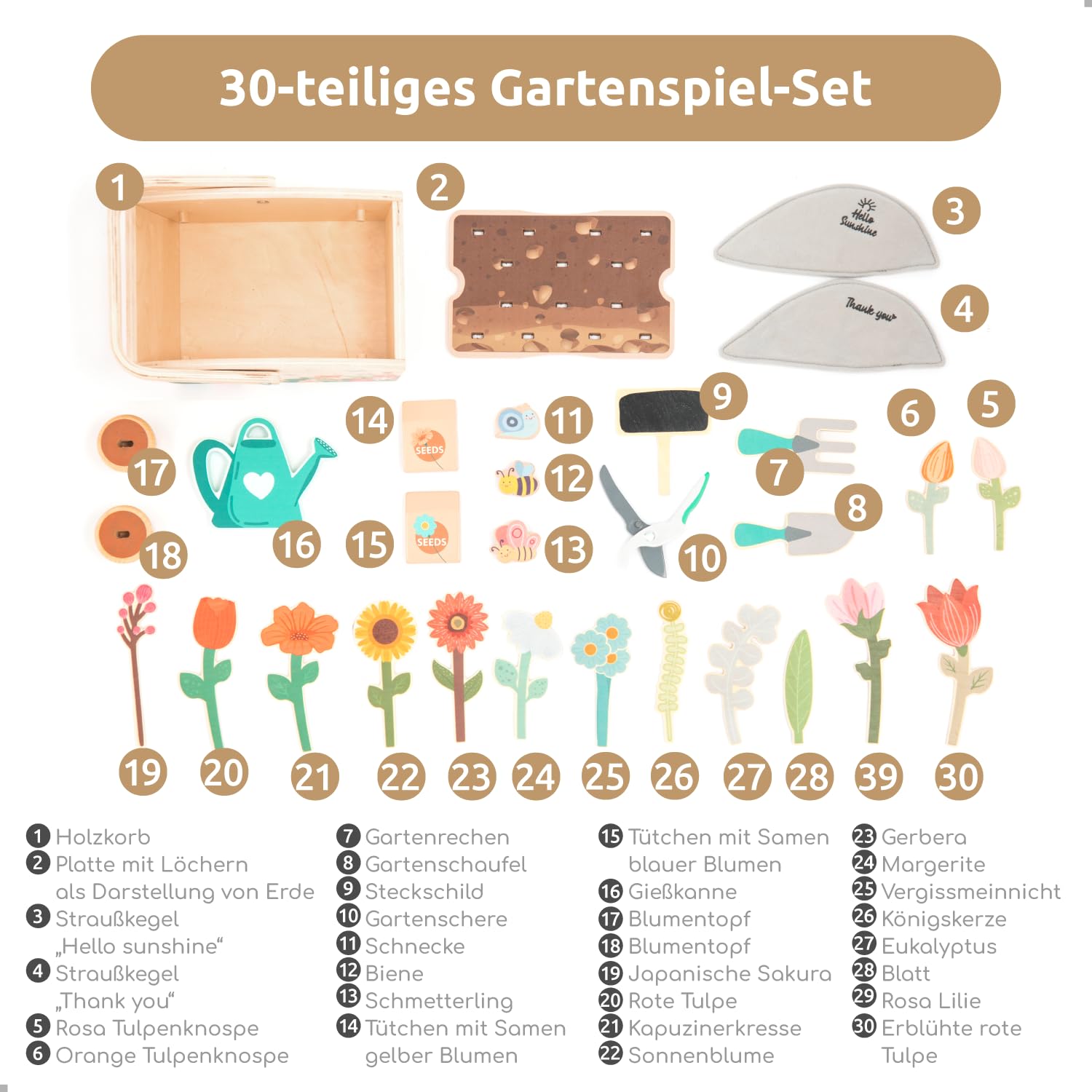 umu® Garten-Set aus Holz für Kinder mit Zubehör - Gartenspielzeug für Kinder, Gartengeräte-Set für Mädchen und Jungen, Gießkanne, Schaufel, Harke - Lernspielzeug ab 2 3 4 5 6 Jahren