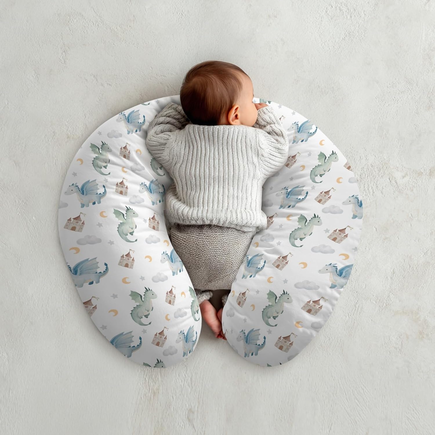 Cute Baby Dragons Castle Nursing Pillow Covers Watercolor Fairytale Dragon Moon Stars Nursing Cover for Breastfeeding Pillows Fantasy Animal Infant Nursing Slipcover for Baby Boys Girls Newborn