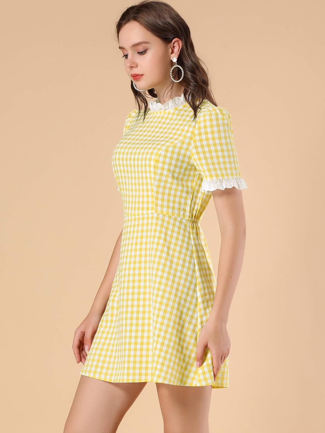 Allegra K Women Gingham Dress Summer Short Sleeve Crew Neck Lace Panel Plaid Mini Dresses Halloween Dorothy Costume