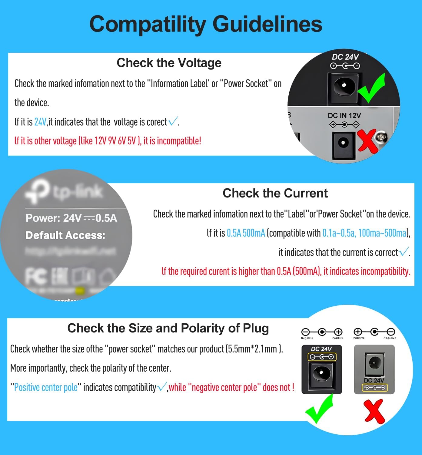 Compatibility guidelines showing how to check voltage, current, and DC plug size and polarity on a device
