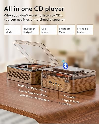 Miniatura 4 de Caja de música con reproductor de CD con Bluetooth, nostálgico, retro, reproductores de CD portátiles para el hogar, altavoces de alta fidelidad,