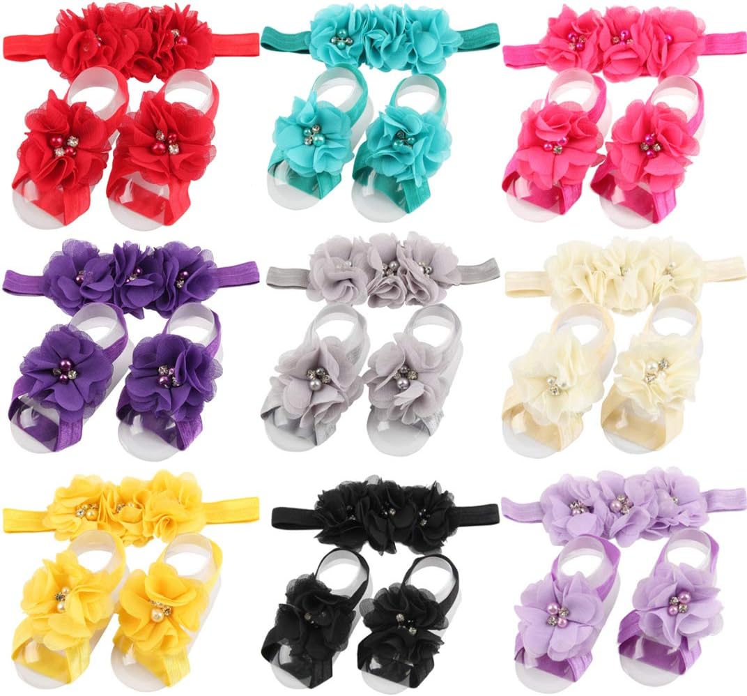 Toptim Baby Girl's Barefoot Sandals Flower for Toddlers, Headbands Sets