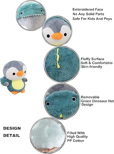 Miniatura 7 de Animal de peluche de pingüino vestido con disfraz de dinosaurio esponjoso, juguetes de peluche de pingüino con traje de dinosaurio verde mullido con