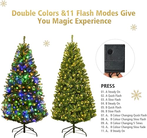Miniatura 3 de Goplus Árbol de Navidad artificial preiluminado de 4 pies, árbol de Navidad con bisagras con 100 luces LED de doble color, 11 modos de flash, 300