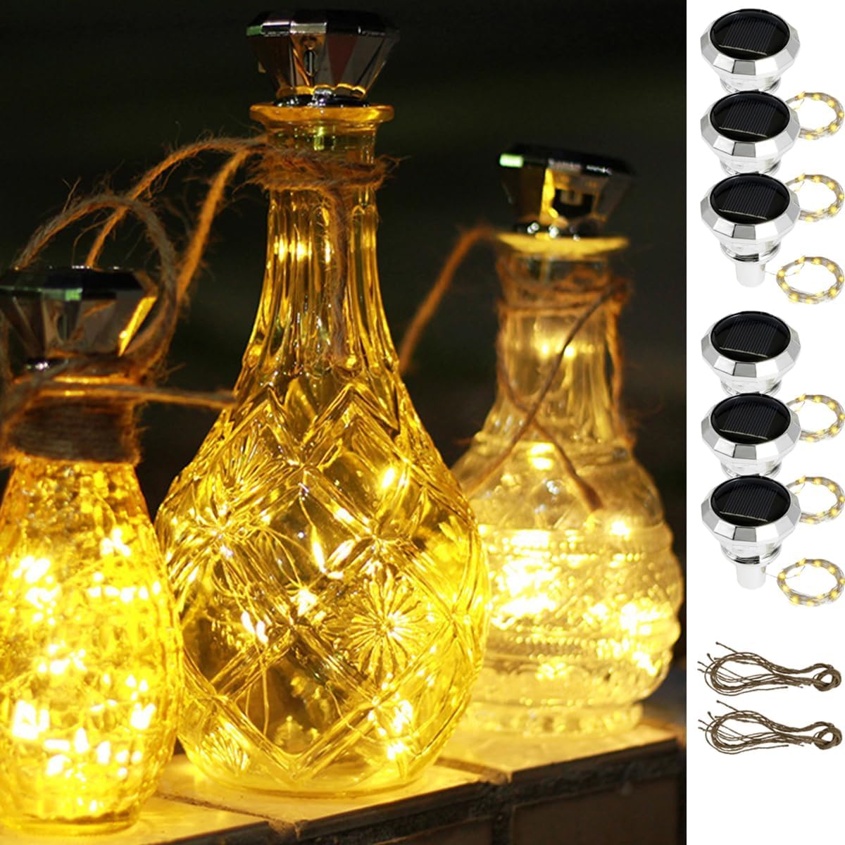 6Pcs Solar Wine Bottle Lights 20 LED Solar Bottle Fairy Light with Cork, 2M Copper Wire Outdoor Waterproof Cork Lights for Bottles Auto On/Off Decorative Lamp for Christmas Party Festival (Warm)