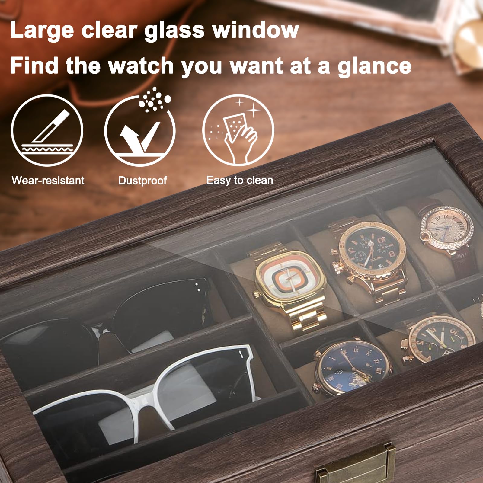 Bois Boîte à lunettes en Cuir Écrin Boîte Montres pour 6 montres et 3 pièces de Rangement lunettes de soleil (39 * 21.5 * 8.5cm)