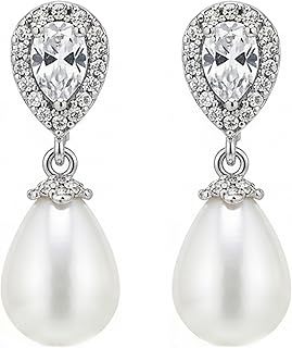 Pearl Bridal Wedding Drop Earrings with CZ Crystals for Brides, Bridesma...