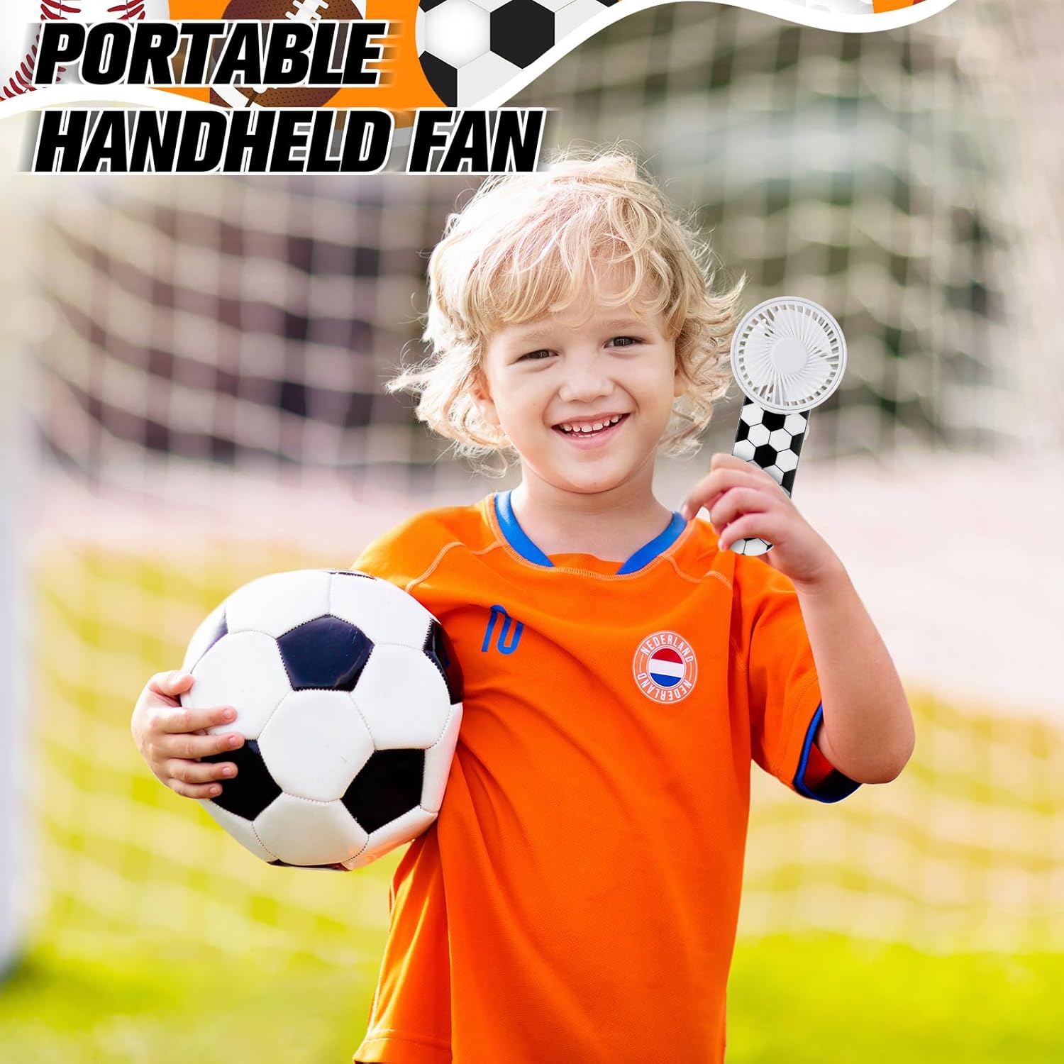 Riakrum 24 Pcs Sports Themed Portable Fan Mini Basketball Football Baseball Soccer Handheld Fan Small Personal Portable Fans Bulk Battery Operated for Sport Travel Summer Team Gift