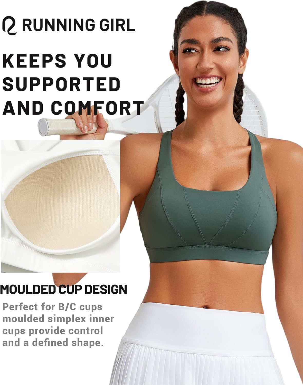 RUNNING GIRL Sports Bra for Women High Support, Molded Cup High Impact Sports Bras with Sewn in Pads Strappy Running Bra - Image 6