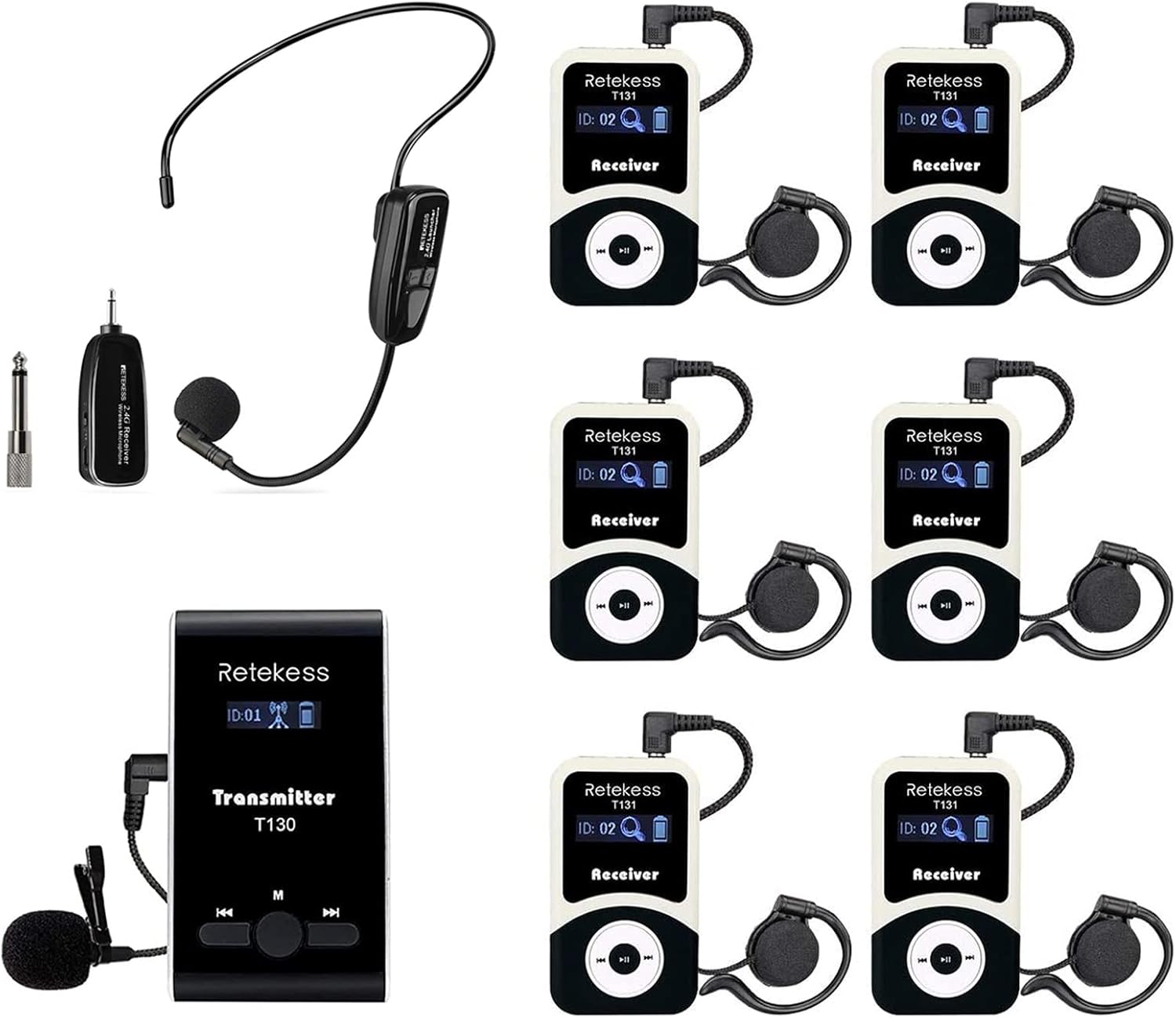 Retekess T130 Tour Guide System, 99 Channels, TT123 Wireless Microphone, Connect Automatically Within 3.2ft(Case of 1 Transmitter 6 Receivers)