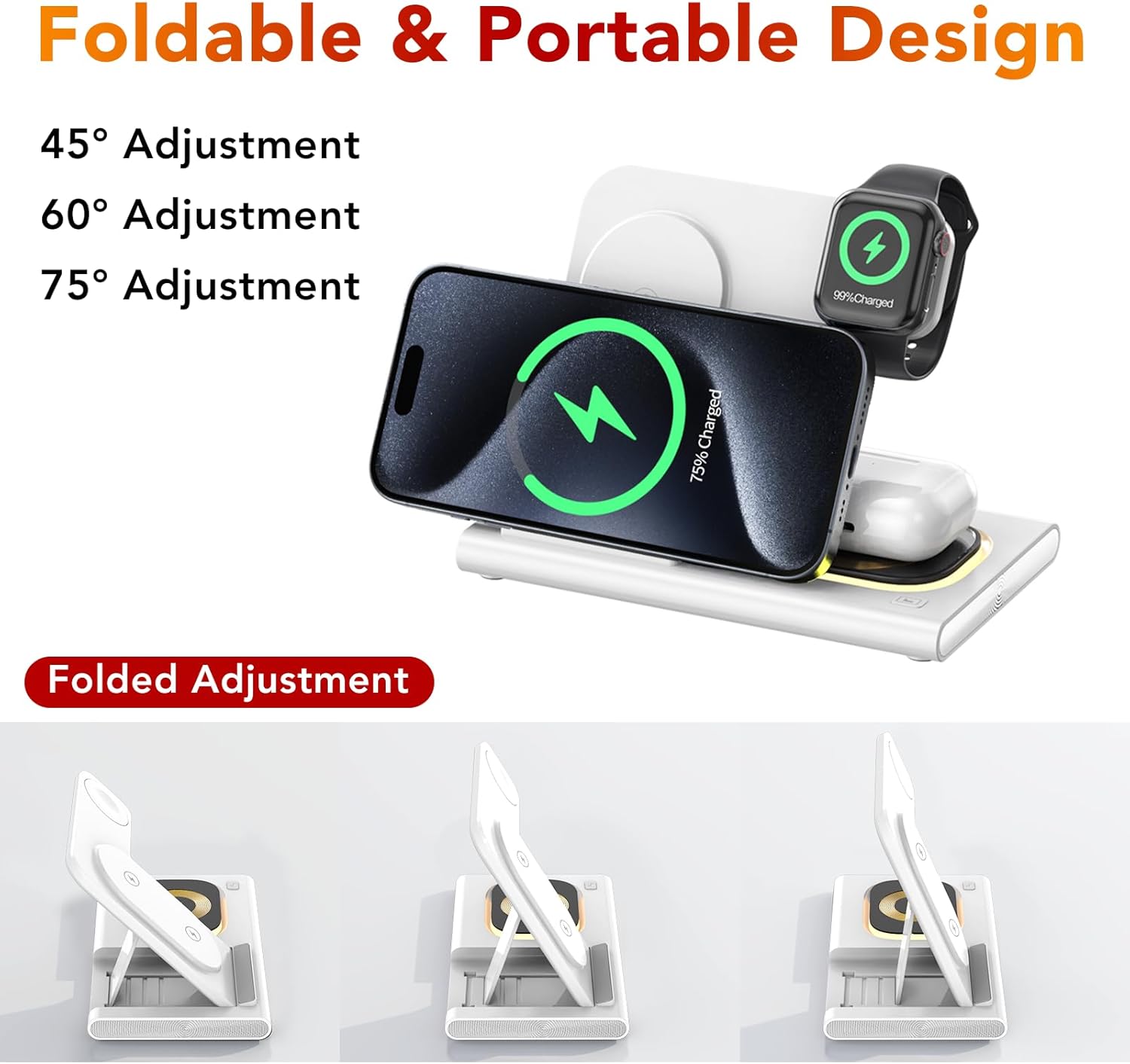 3 in 1 Foldable Charging Station for Apple Wireless Charger for iPhone 17 16 15 14 Series, Wireless Charging Station for iWatch Series 11 10 Ultra 3/2 SE 3/2 Charger for AirPods 4/3/2/Pro 3/Pro 2 - Image 6