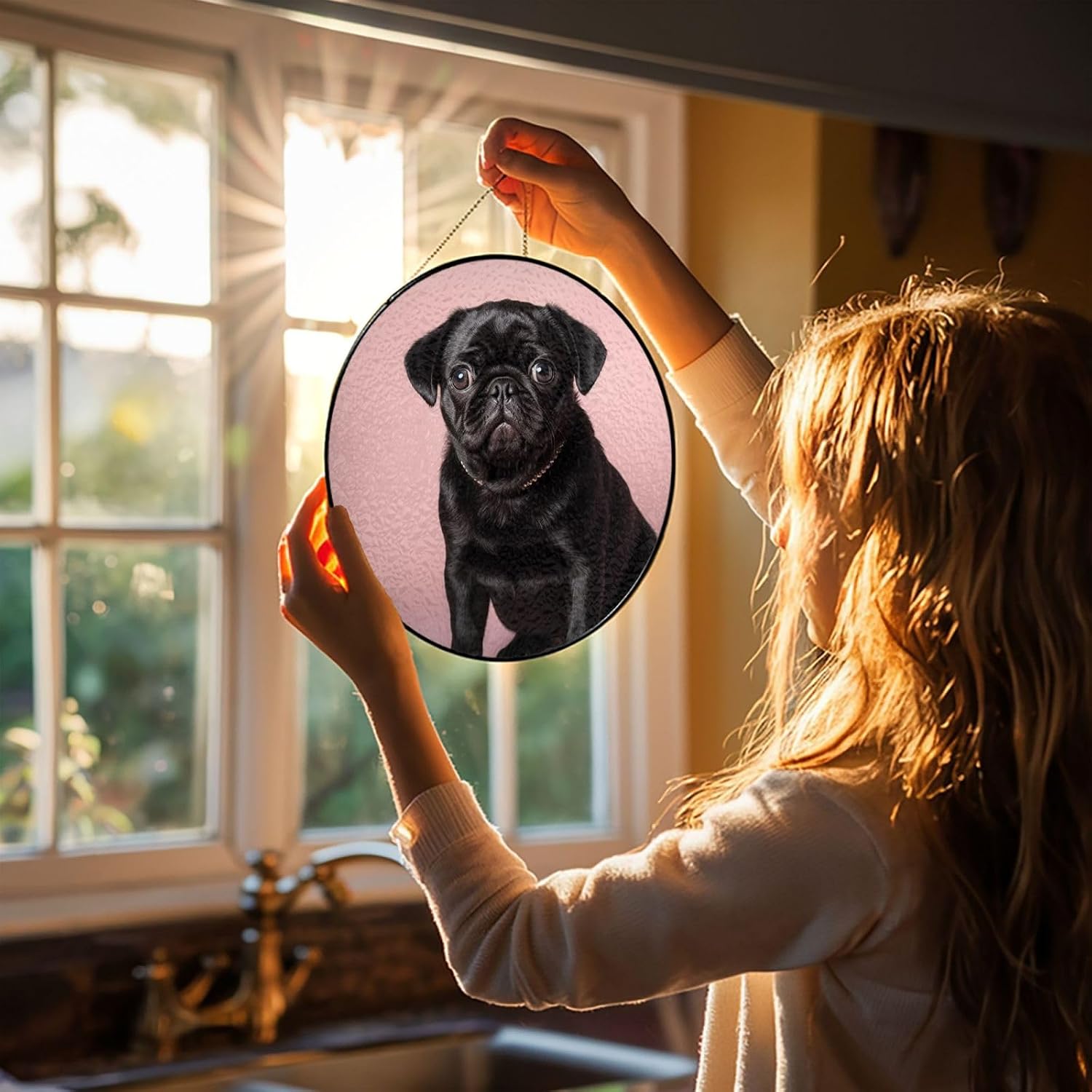 Stained Glass Window Hanging 6in（15cm）, Cute Black Pug Glass Suncatcher for Home Decor, Indoor Wall Art Glass Panel with Metal Chain and Hooks, Sun Catcher Ornament Birthday Gifts