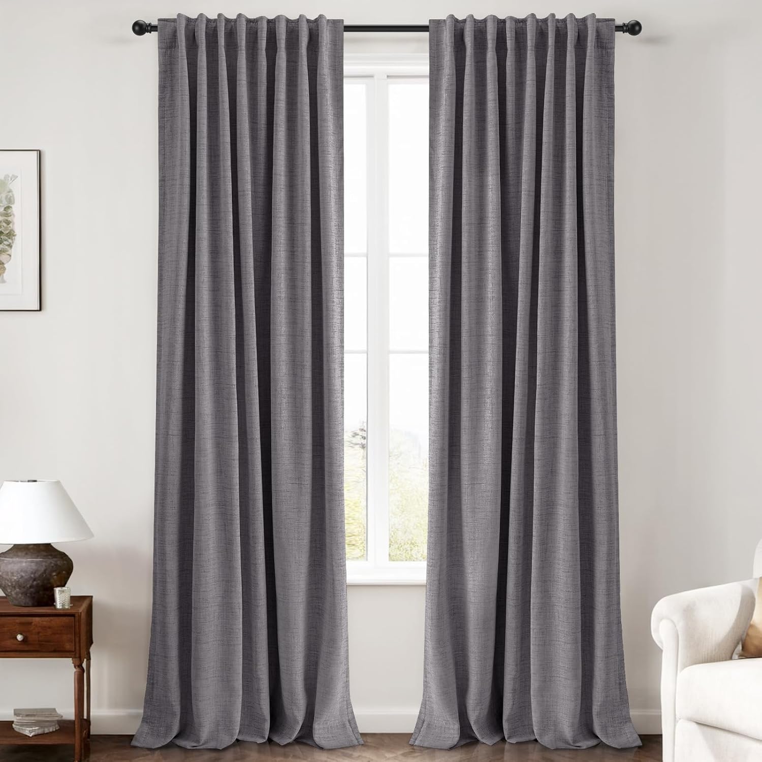 INOVADAY 100% Blackout Curtains 63 Inches Length 2 Panels Set, Back Tab/Rod Pocket Linen Black Out Curtains for Bedroom, Thermal Insulated Window Drapes - Dark Grey, W50 X L63