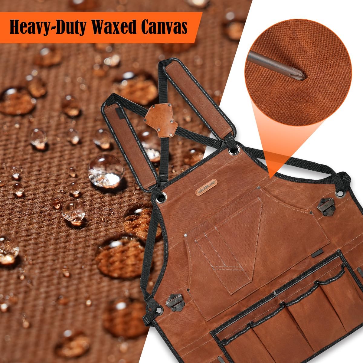 WELKINLAND 11-Pockets Waxed-Canvas Tool Apron, Heavy-Duty Carpenter Apron, Comfy Woodworking Apron, Convenient Workshop Apron, Fully-Adjustable Shop Aprons For Men, Well-Padded Work Aprons For Men - Image 6