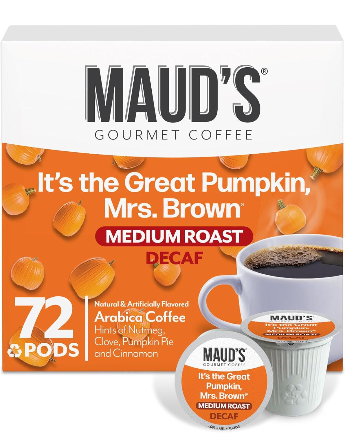 Maud's Decaf Pumpkin Spice Flavored Coffee Pods, 72 ct, Medium Roast Flavored Coffee in Single Serve Pods – 100% Arabica Beans, Compatible with Keurig K Cups Maker