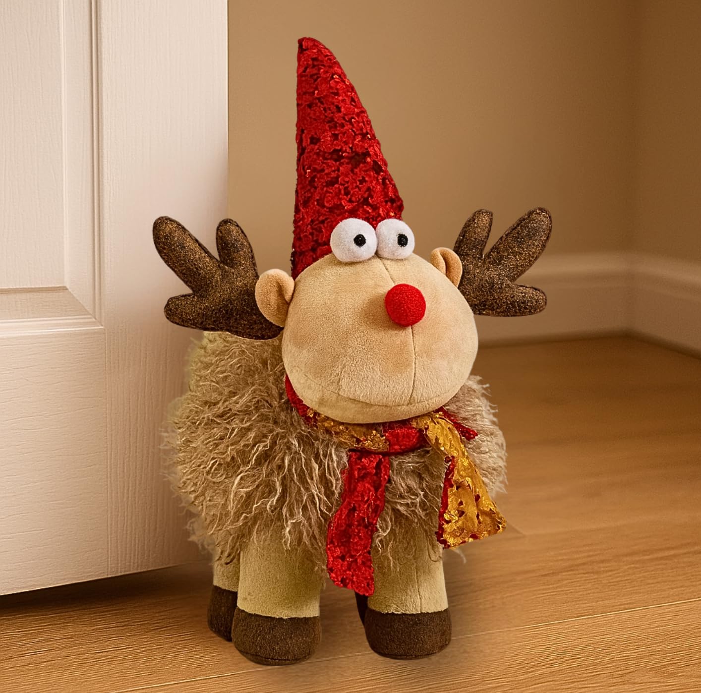 Marco Paul Interiors Women's Plush Reindeer Marco Paul 38Cm Christmas Reindeer Ornament - Freestanding Weighted Plush Deer With Sequin Santa Hat - Novelty Christmas Decorations For Decorative Door Stop, Home Decor, Centrepiece & Gift Idea