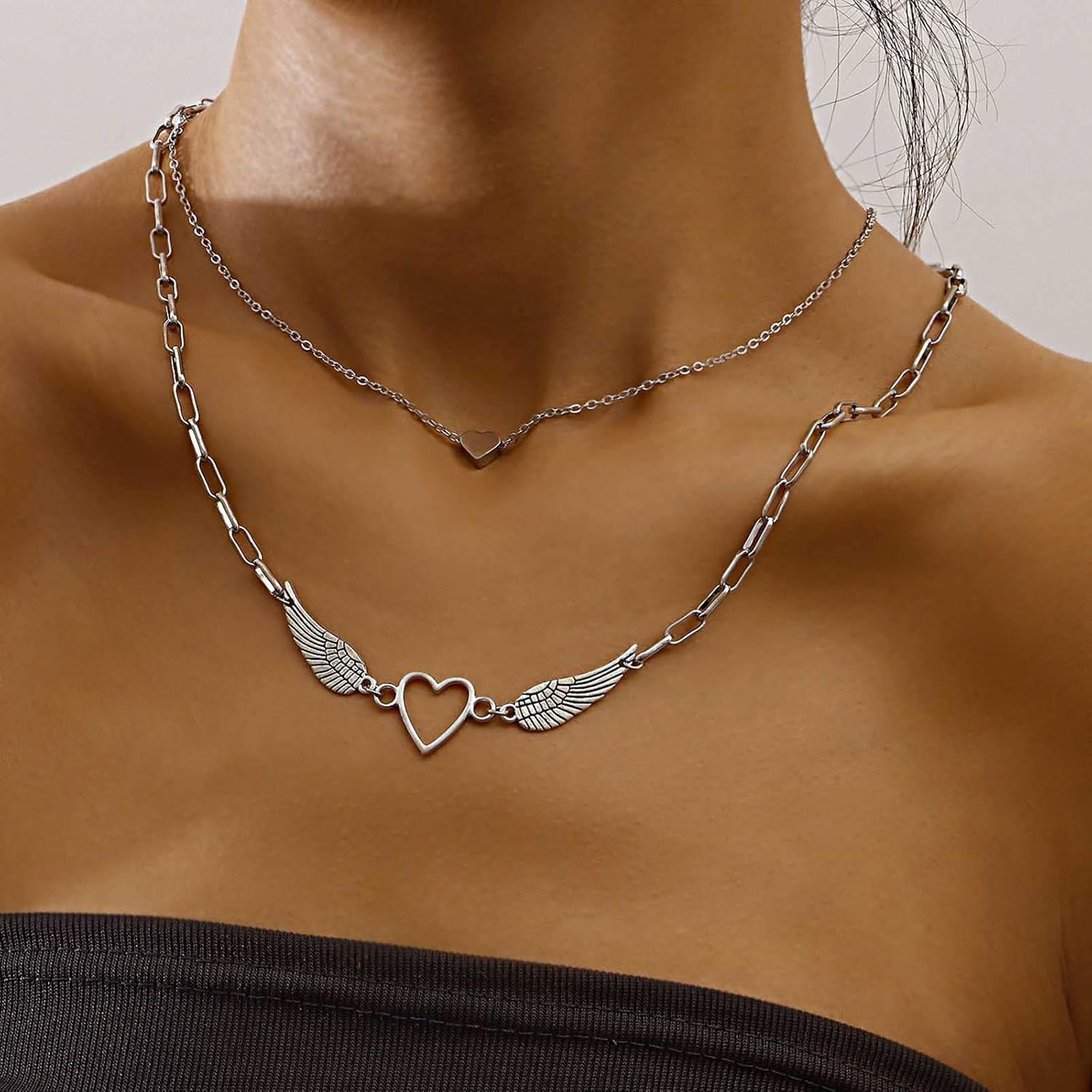 Boho Layered Heart Necklace Hollow Heart Choker Necklace Angel Wings Pendant Necklace Silver Paperclip Chain Necklace Jewelry for Women - Image 2