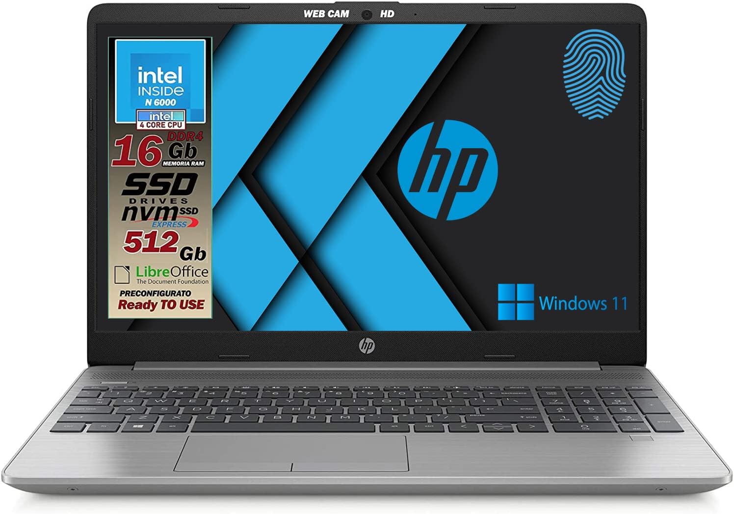 HP 250 G9 Notebook Ultra Silenzioso, RAM 16GB, SSD 512GB, Display FullHD 15.6, Intel N6000 4 Core da 3,3 GHz, tastiera retroilluminata, touch id, Win 11 Pro, Libre office, pronto Alluso, Gar. It