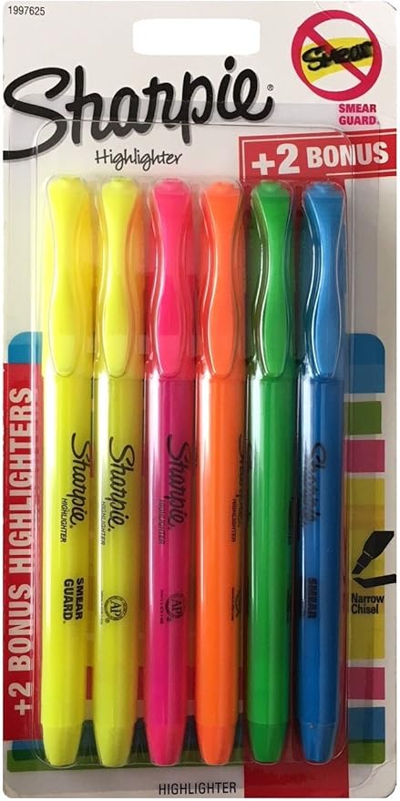 SHARPIE Pocket style Highlighters Assorted Colors 4 Pens Plus 2 Bonus