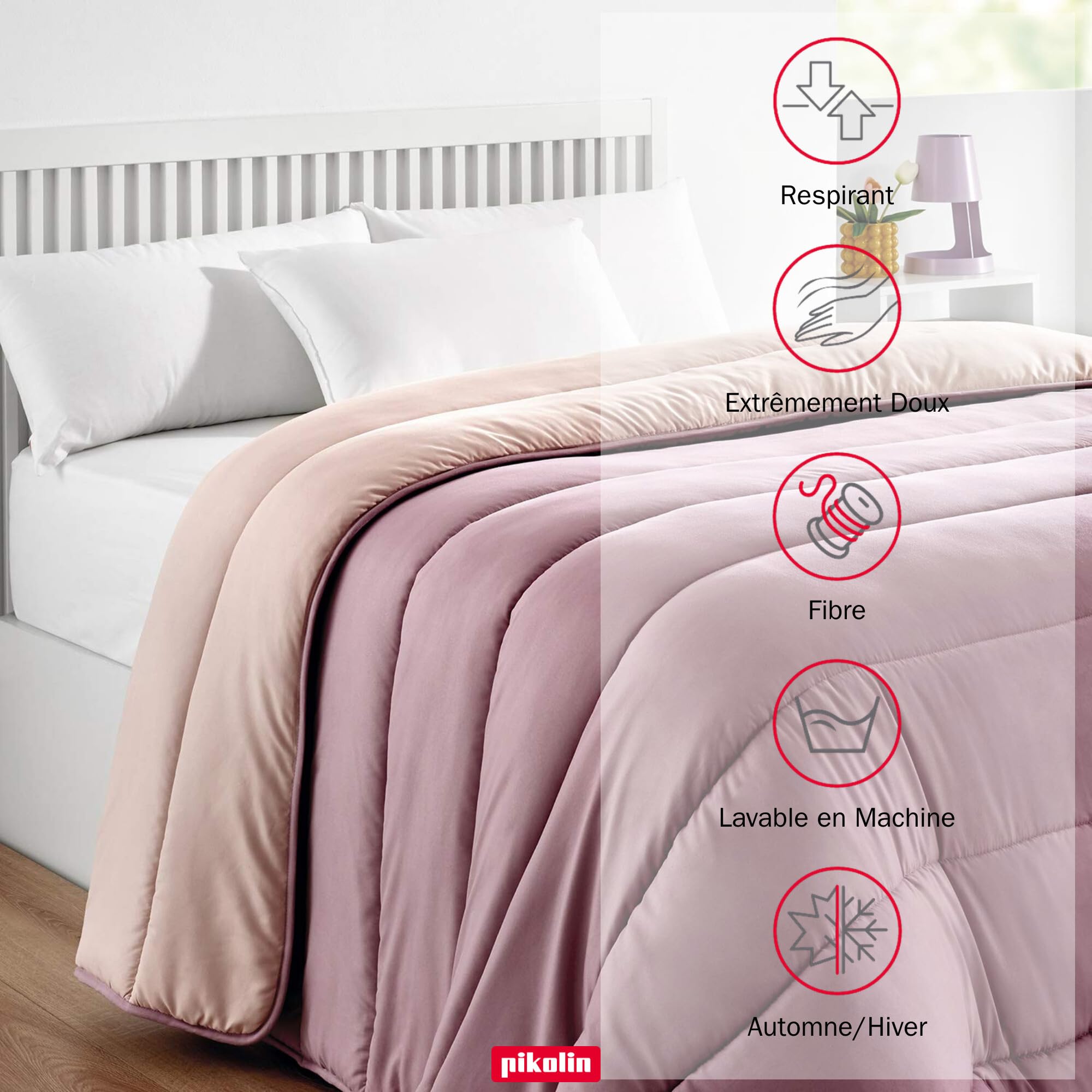 PIKOLIN Couette 180 x 220 cm 300 g Tempérée en Fibre Ecolofil pour Lit 1 Personne - Couette Réversible Toucher Plume, Lavable, Douce et Respirante - Bicolore Mauve