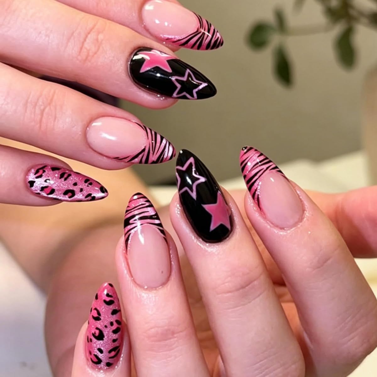 Long Almond Press on Nails Pink Leopard & Star Nail Art 30Pcs | Y2K Artificial Nail for Women & Teens, Party Date Night Festival Manicure Kit
