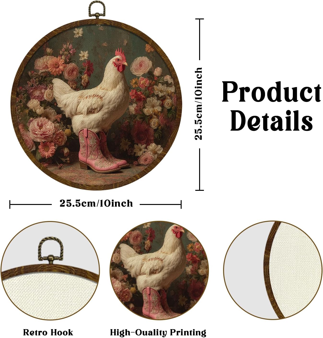 KLYTINK Whimsical Chicken Round Wall Art,Retro Floral Canvas Hanging Decor with Pink Cowboy Boots, Funny Farmhouse Animal Print for Kitchen, Entryway or Gift 10x10in (BY0636) image 2