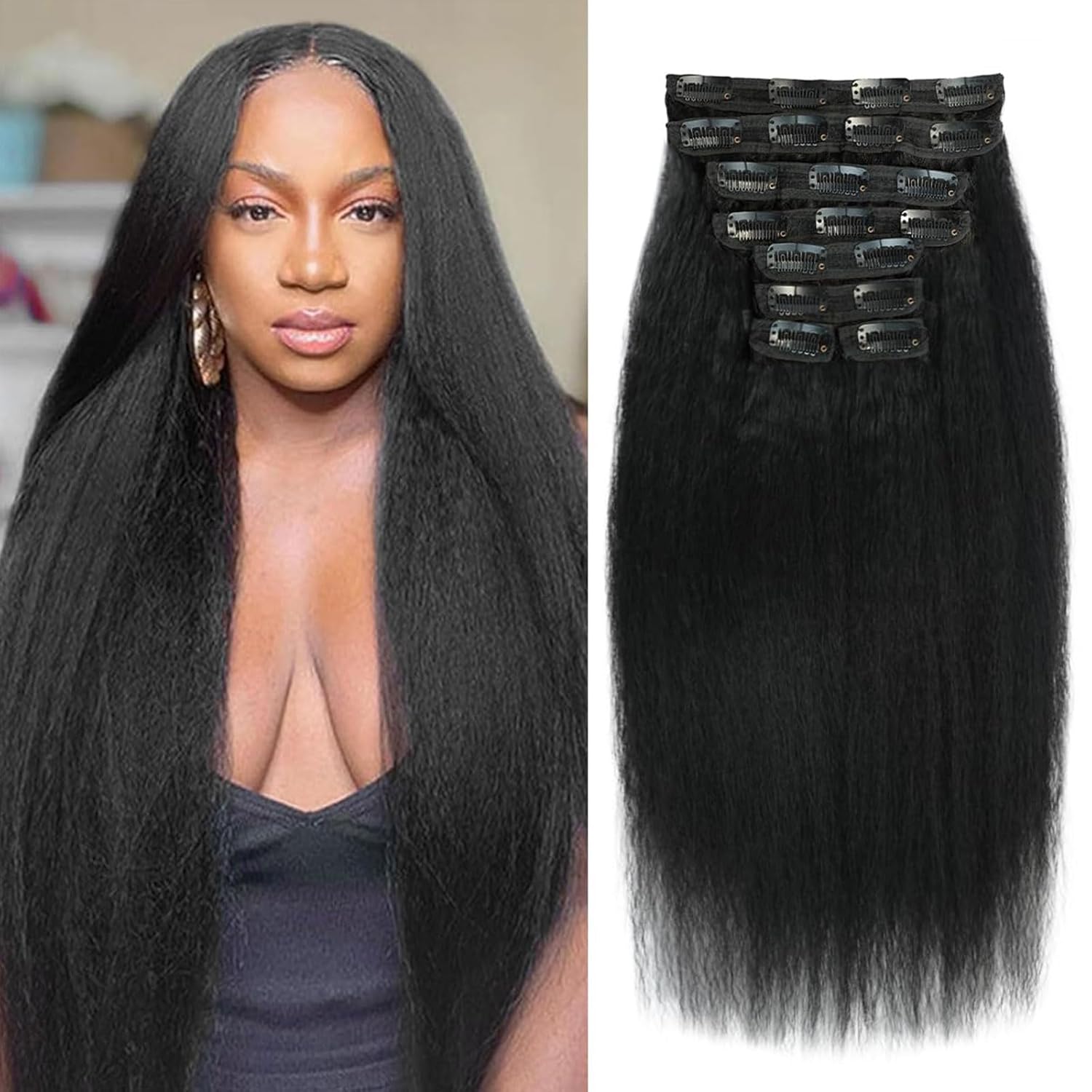 Kinky Straight Clip in Hair Extensions 12 Inch Human Hair Yaki Straight Clip ins Seamless Remy Human Hair Clip in Extensions for Women Natural Black 8Pcs 100g 20 Clips