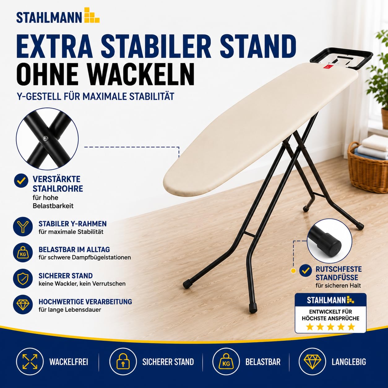 STAHLMANN® Bügelbrett für Dampfbügelstation [120 × 38 cm] Made in Europe | 100 % Baumwolle Turbobezug | höhenverstellbar | Bügeleisenablage | platzsparend klappbar