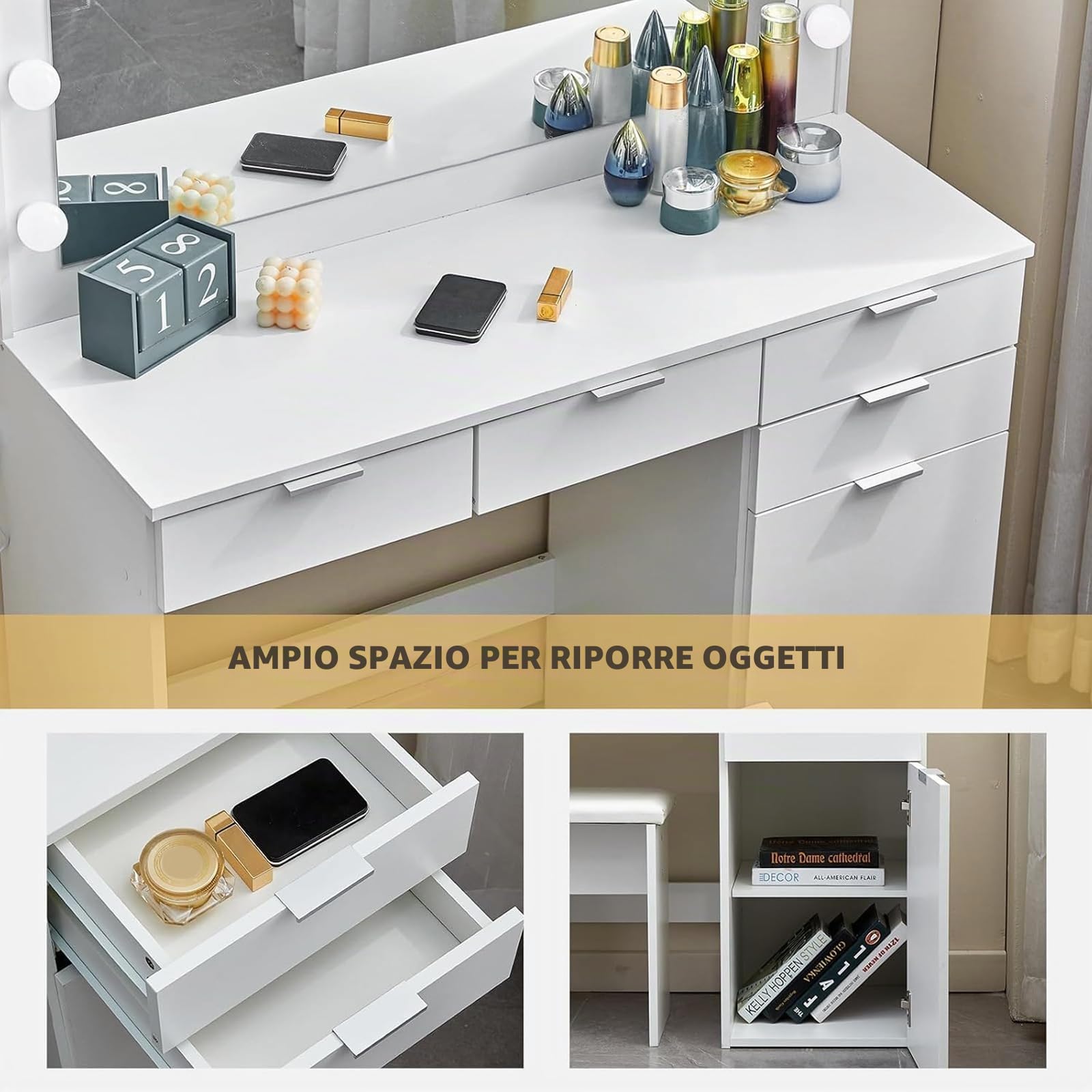 CLIPOP Tavolino da Trucco con Specchio a LED, Tavolino da Trucco con sgabello, Tavolino da Toilette con 4 Cassetti e 1 Contenitore Chiuso per la Camera da Letto