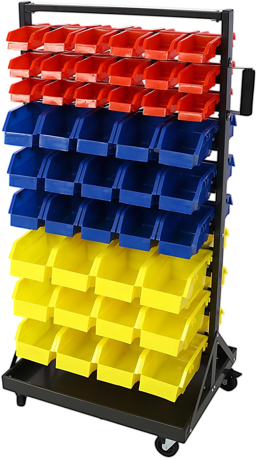 Small Parts Organizer on Wheeled, 90 Parts Bin Organizer, Heavy-Duty Steel Bolt Bins Storage Rack with Locking Casters, Mobile Organization System for Garage, Shop, Home Black