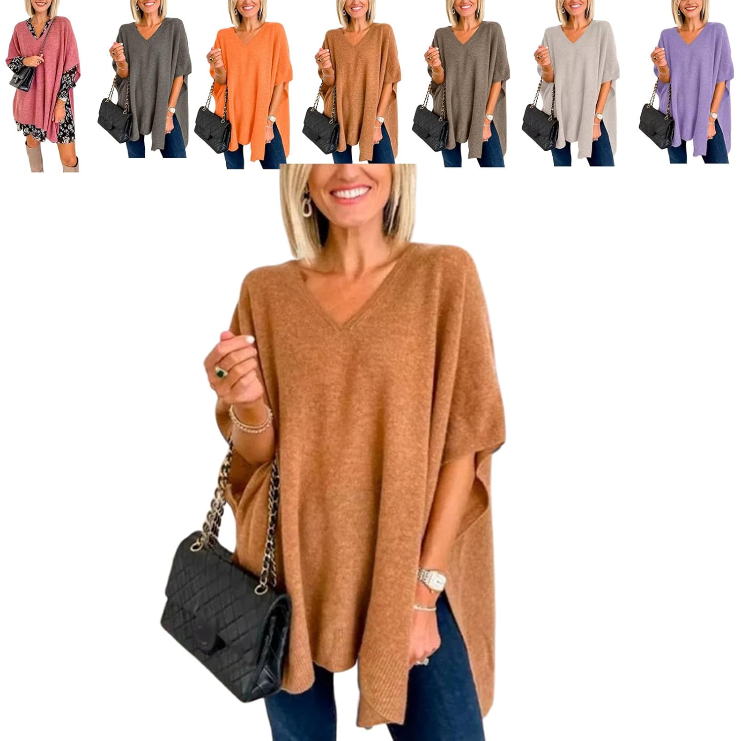 Womens V-Neck Poncho Sweater Batwing Sleeveless Shawl Wrap Pullover Loose Knit Ponchos for Fall Winter