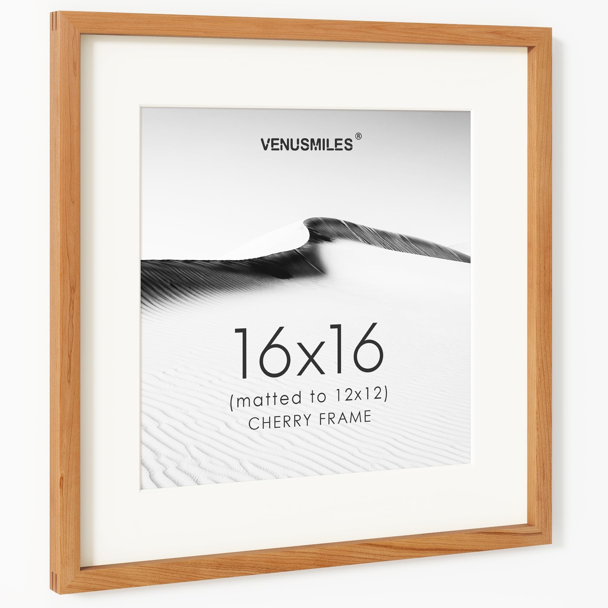 16x16 Picture Frame, USA-Sourced Natural Cherry Wood Photo Collage Frame with HD Tempered Glass, Modern Simple 16 x 16 Wooden Frame Matted to 12x12, Gallery Wall Frames for Art