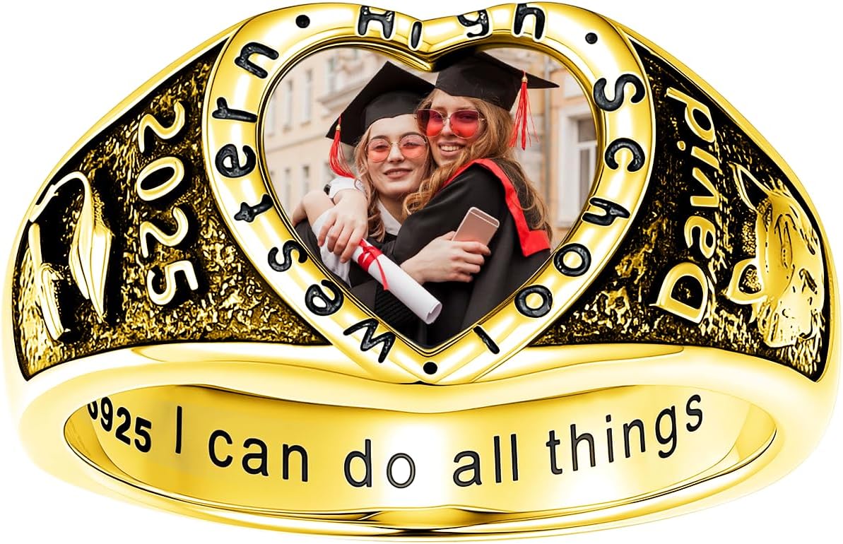 Photo Class Ring womens College High School Rings Heart 2025 Graduation Ring 2026 For Women Sterling Silver/10k 14k 18k gold