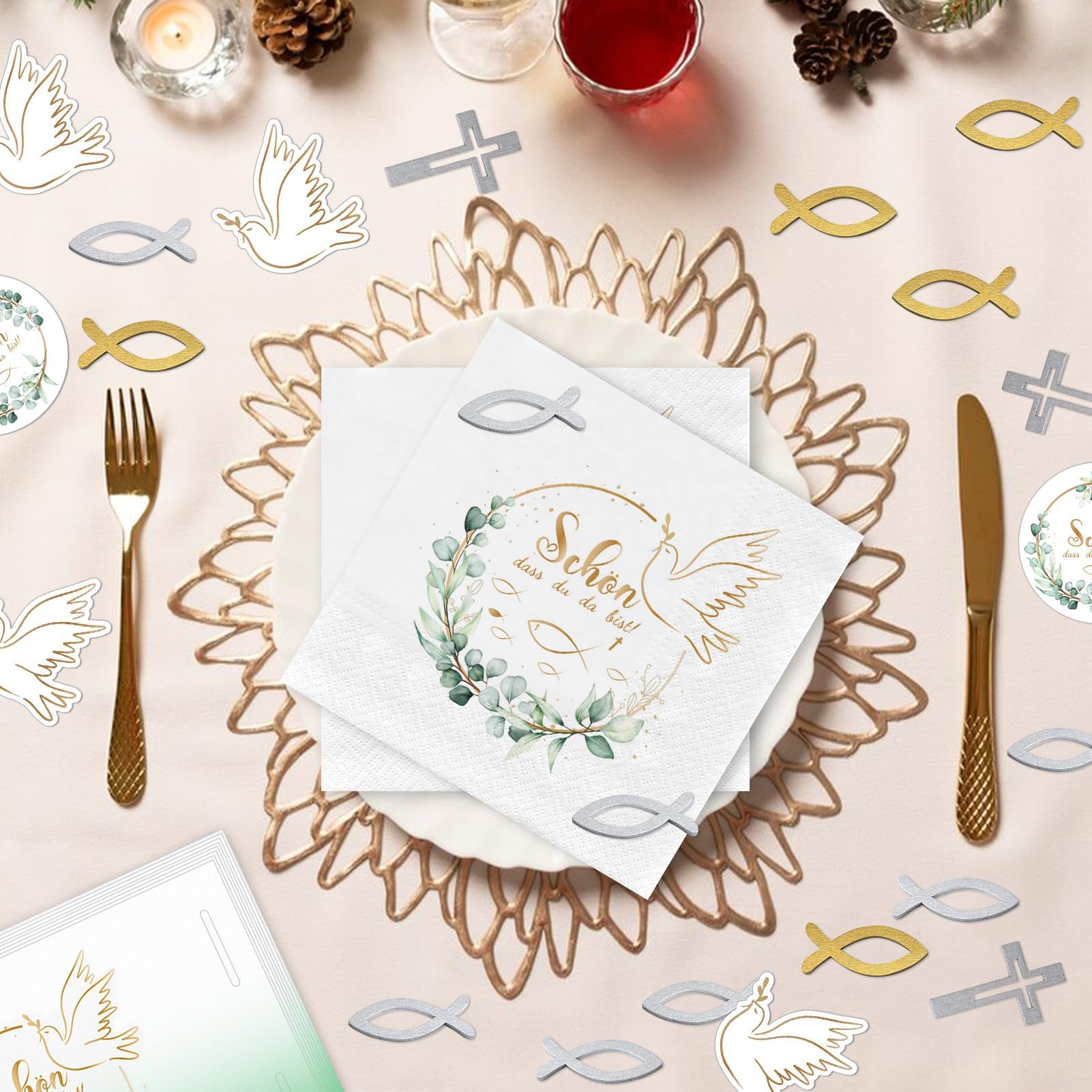 Set Decorazioni Cresima 20 Tovaglioli + 10 Lanterne + 72 Pesciolini In Legno – Tema Eucalipto Verde, Perfetto Per Ragazzi E Ragazze