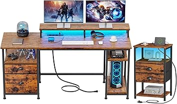 Furologee 61" Desk and Nightstand with Charging Station and LED Light, Reversible Computer Desk with File Cabinet, End Table with 2 Drawers, for Home/Office