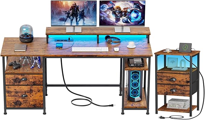 Furologee 61" Desk and Nightstand with Charging Station and LED Light, Reversible Computer Desk with File Cabinet, End Table with 2 Drawers, for Home/Office