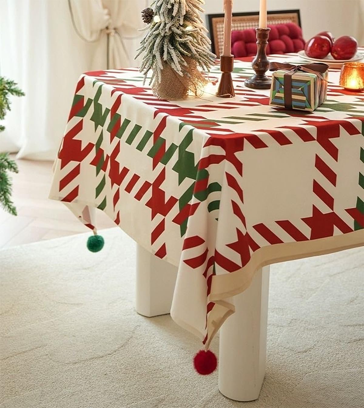 Fennco Styles Red and Green Holiday Plaid Pom Pom Christmas Tablecloth 56" W X 56" L - Cotton Blend Festive Table Cover for Winter Holidays, Banquets, Family Gatherings