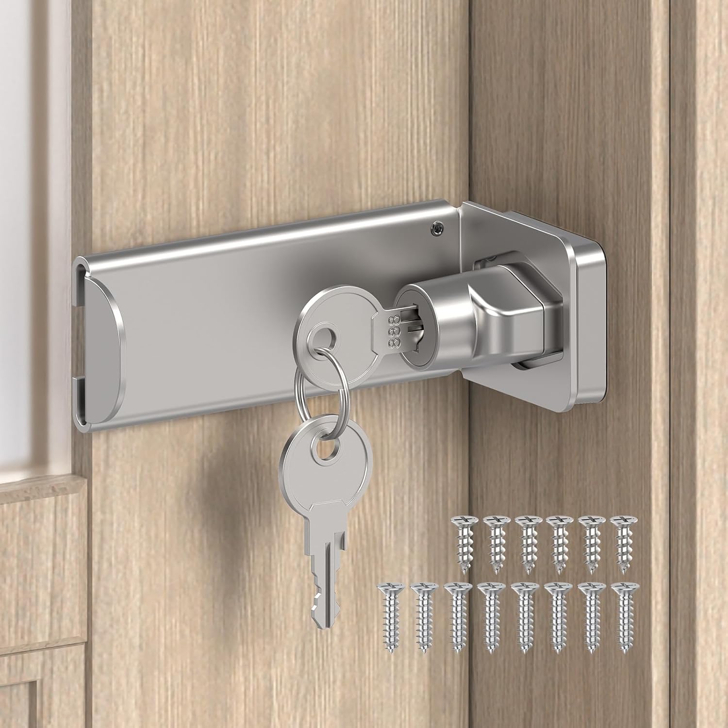 Keyed 90° Right Angle Door Lock, 3.3 Inch Lock Latches for Inward Opening & Sliding Doors, Shed - Security Latch​ Equipped with Independent Key (Silver, 3.3In with Key-1PC)